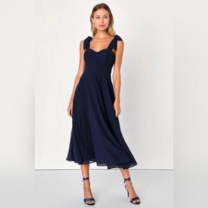 NWT Lulus Navy Blue Tie-Strap A-Line Midi Dress LARGE